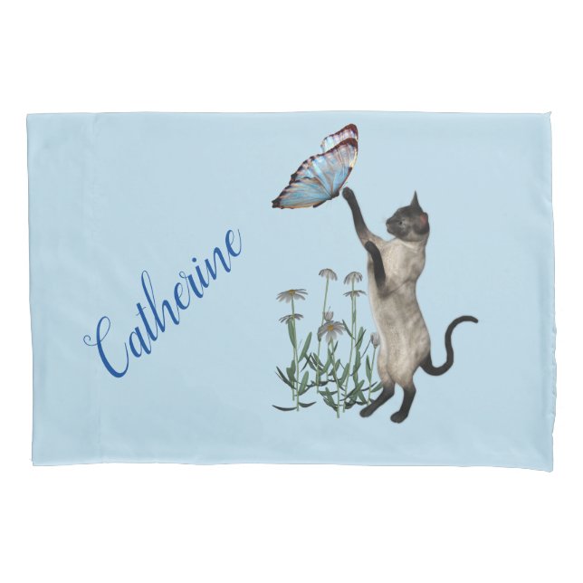 Housse D'oreillers Chat Siamois avec Papillon Bleu Personnalisé (devant)