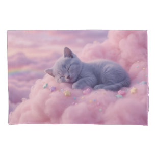 Housse D'oreillers Chaton Pastel Endormi sur des Nuages Roses Douille