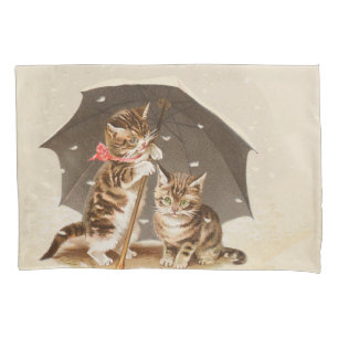 Housse D'oreillers Chatons vintage sous parapluie art de chat antique