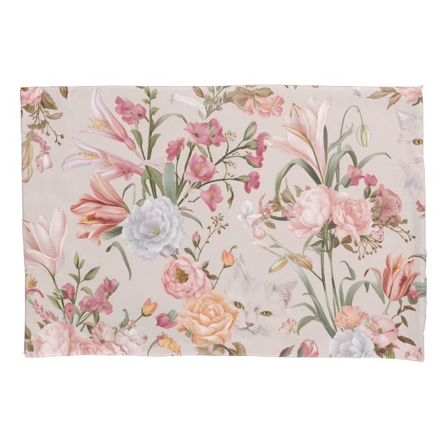 Housse D'oreillers Chats Blancs Roses Roses Florales  (devant-gauche)