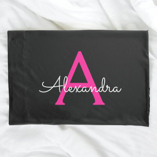 Housse D'oreillers Chaud rose noir Script Girl Nom du monogramme
