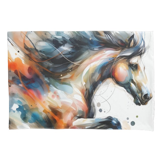 Housse D'oreillers Cheval courant à l'aquarelle abstraite (devant)