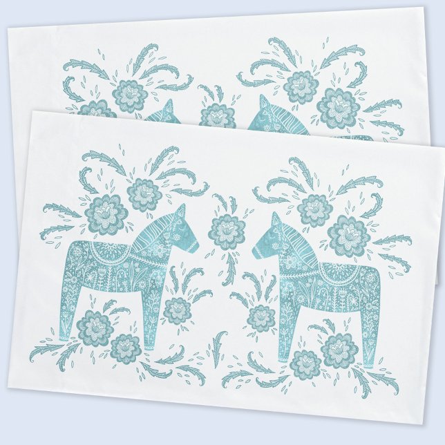 Housse D'oreillers Cheval de Dala suédois Turquoise vert et blanc (Swedish Dala Horse folk art teal green pillow cases)