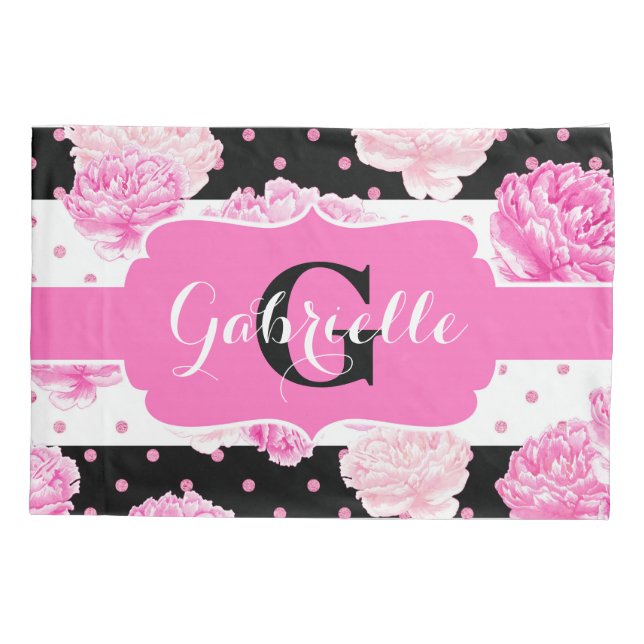 Housse D'oreillers Chic rayures rose Aquarelle Monogramme Floral (Dos)