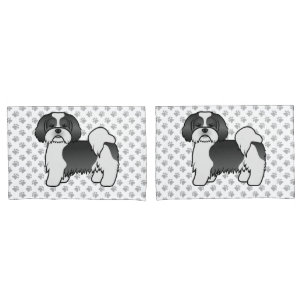 Housse D'oreillers Chien de dessin animé mignon Lhasa Apso noir et bl