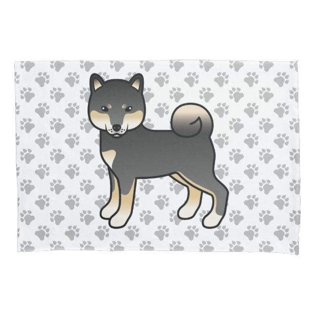 Housse D'oreillers Chien et pattes de dessin Shiba Inu noir et tan (devant)