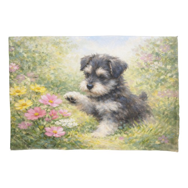 Housse D'oreillers Chiots Schnauzer Fleurs de printemps (devant)