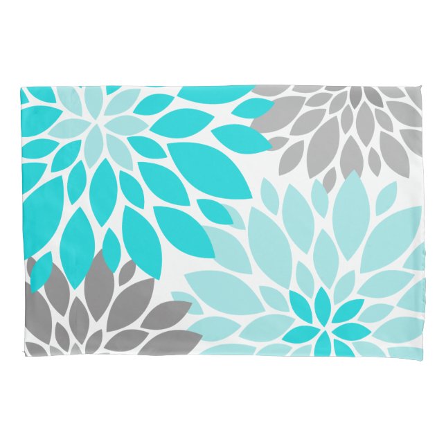 Housse D'oreillers Chrysanthèmes turquoise et gris Motif floral (devant-gauche)