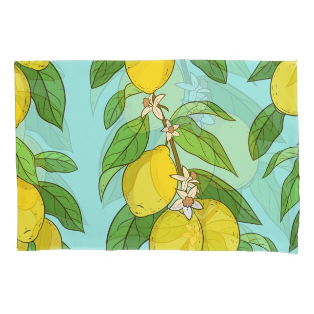 Housse D'oreillers Citrons, Arrière - plan Bleu Vibrant sans couture. (devant)