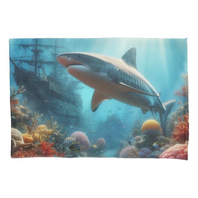 Housse D'oreillers Coastal/nautical tiger shark & coral reef (devant)