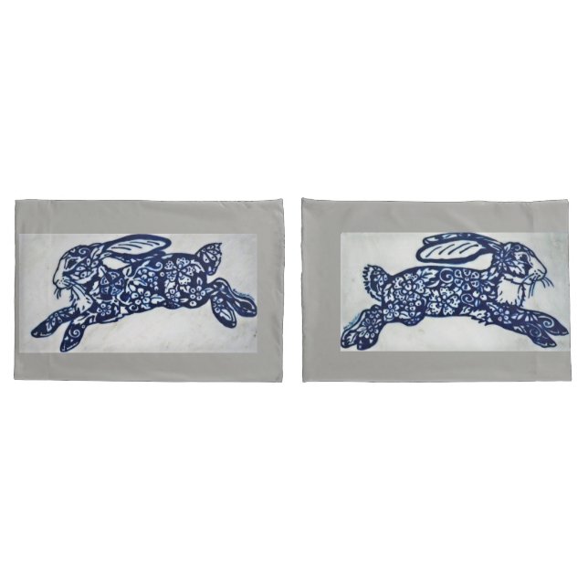 Housse D'oreillers Cobalt Bleu & Blanc Lapin Portes-oreillers Marbre  (Dos-Set)