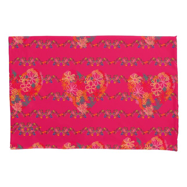 Housse D'oreillers Coeur de fleurs roses et paisley fuchsia (devant)