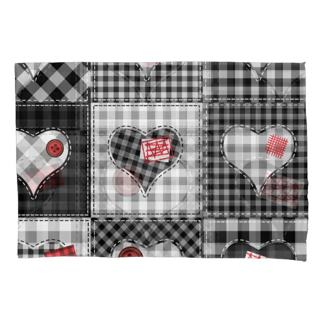 Housse D'oreillers Coeurs Noir Blanc Patchwork Sans Couleur. (devant)