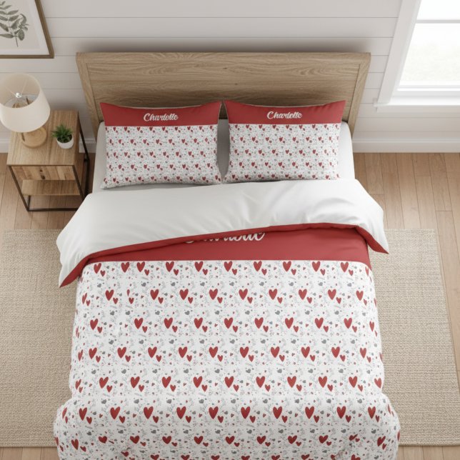 Housse D'oreillers Cœurs Rétro Doodle Rouge Noir Monogramme Nom (cute red and black retro hearts theme custom pillowcase with name monogram)