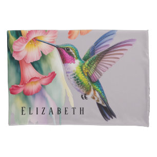 Housse D'oreillers Colibri à l'aquarelle avec fleurs