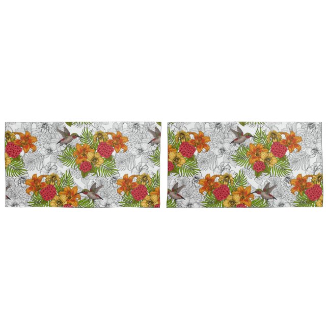 Housse D'oreillers Colibris et bouquet tropical (devant-Set)