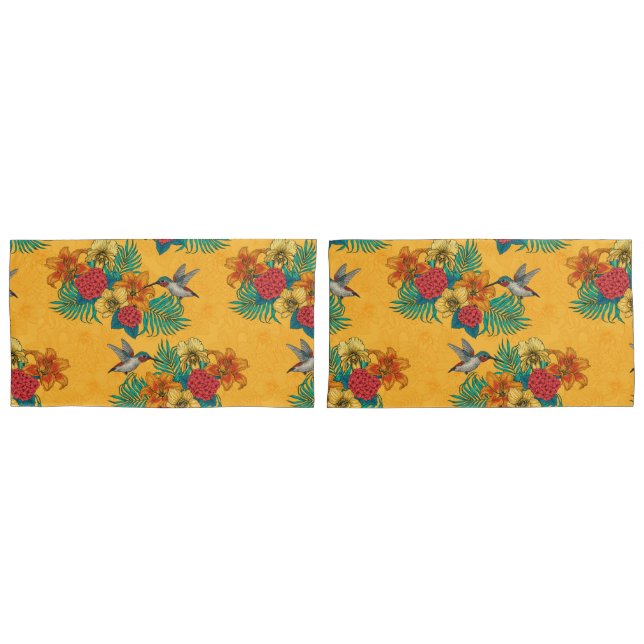 Housse D'oreillers Colibris et bouquet tropical en jaune (devant-Set)