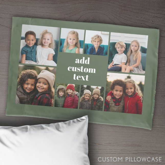 Housse D'oreillers Collage personnalisé 8 photo - vert avec texte bla (Create Your Own Photo Collage Pillowcase)
