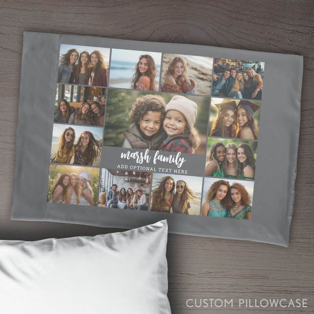 Housse D'oreillers Collage Photo - 13 Photos 2 Blocs Texte Gris Blanc (Create Your Own Photo Collage Pillowcase)