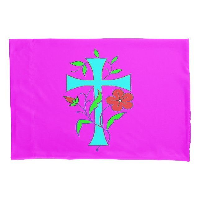 HOUSSE D'OREILLERS CONCEPTION DE CROIX BRILLANTES ET FLEURS (devant)