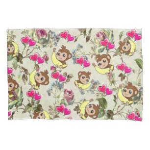 Housse D'oreillers Coque coussin Monkey Bananas Coeurs roses Floral
