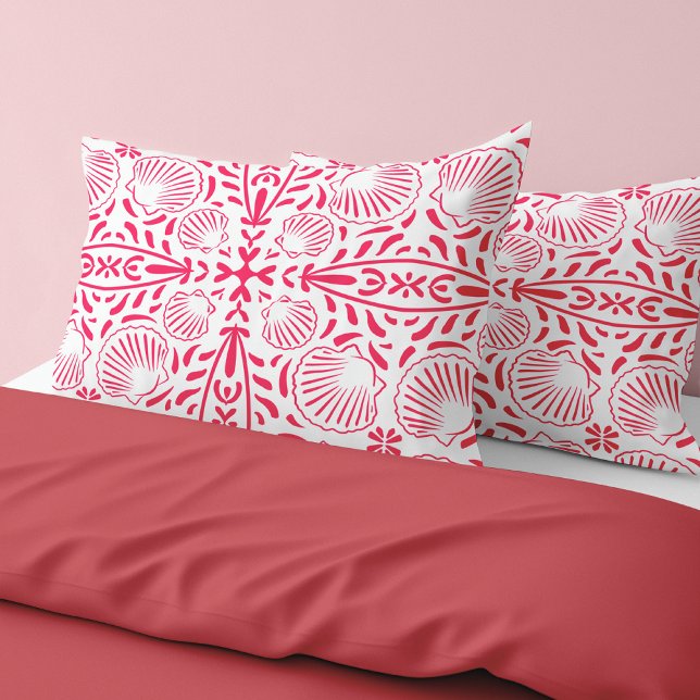 Housse D'oreillers Coquillages roses rouges Coral Modern Bold Beach H (Red Pink Sheashells Coral Modern Bold Beach House Pillow Case)