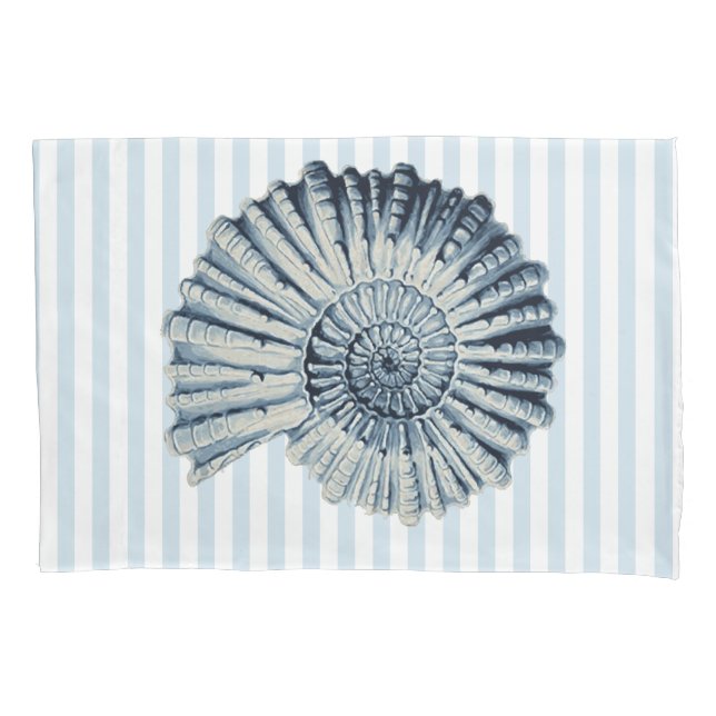Housse D'oreillers Coquille spirale bleue marine et bandes blanches (devant)
