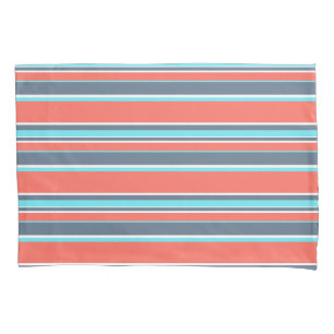 Housse D'oreillers Corail vivant, rayures bleues et grises