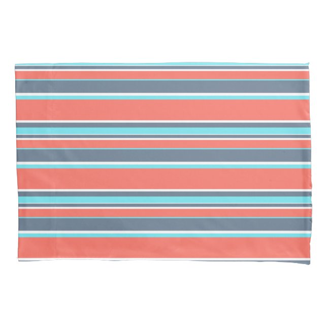 Housse D'oreillers Corail vivant, rayures bleues et grises (devant)
