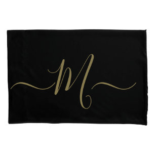 Housse D'oreillers Couple marié monogramme initial élégant noir or