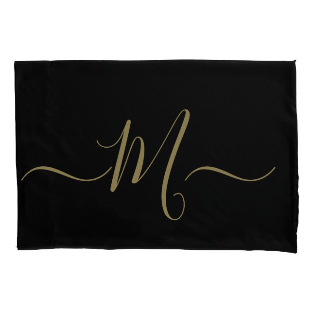 Housse D'oreillers Couple marié monogramme initial élégant noir or (devant)
