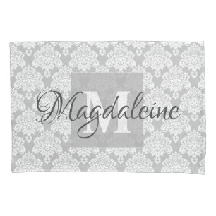 Housse D'oreillers Coussin gris Damask Coque avec Monogram & Nom