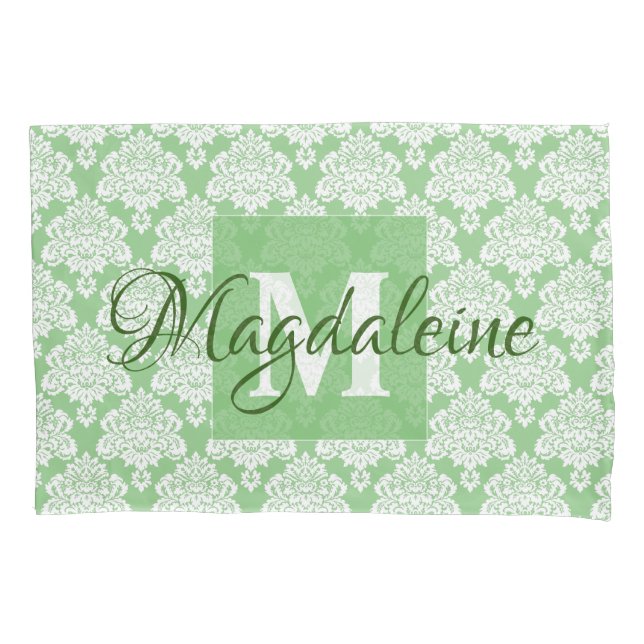 Housse D'oreillers Coussin Sage Green Damask Coque avec Monogram (devant)