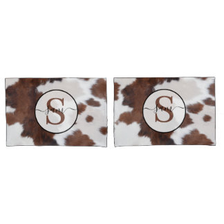 Housse D'oreillers Cowhire Brown Monogramme blanc Pillowcase