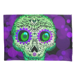 Housse D'oreillers Crâne de sucre lumineux vert et violet pour Hallow