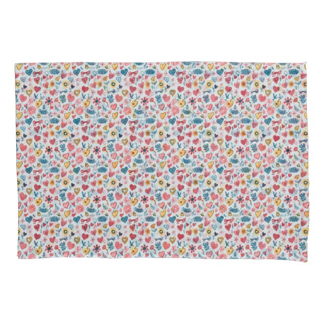 Housse D'oreillers Crayon Pastel Coeur & Fleurs (devant)