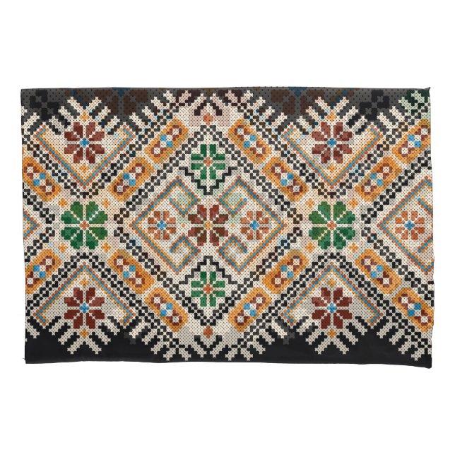 Housse D'oreillers Crochet ukrainien : Motif artisanal ethnique. (devant)