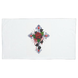 Housse D'oreillers Croix d'argent avec une rose rouge