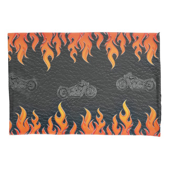 Housse D'oreillers Cuir noir flammes orange feu chaud moto (devant)