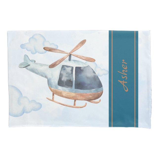 Housse D'oreillers Custom Name Blue Watercolor Helicopter Boys (devant)