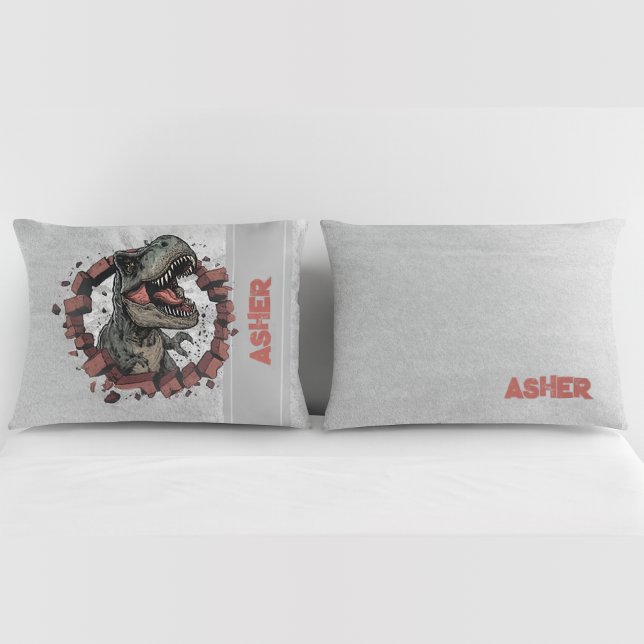 Housse D'oreillers Custom Name Grey Boys Dinosaur Roaring T-Rex (Créateur téléchargé)