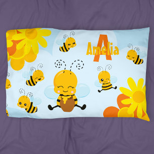 Housse D'oreillers Cute Happy Bumble Bee with Flowers