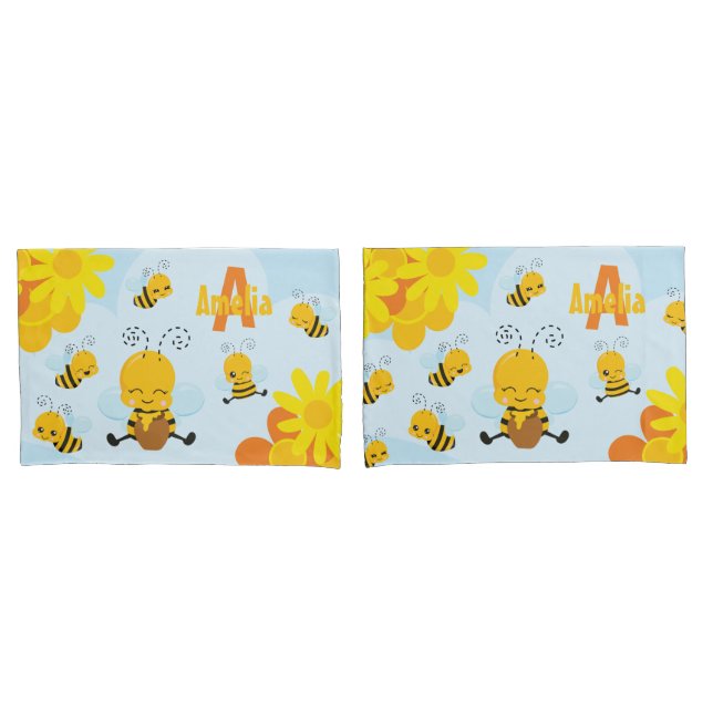 Housse D'oreillers Cute Happy Bumble Bee with Flowers (devant-Set)