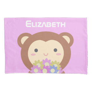 Housse D'oreillers Cute Kawaii Singe Pastel Purple Fleurs Roses Enfan