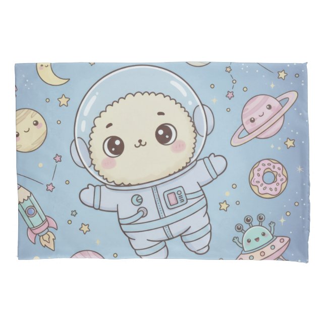 Housse D'oreillers Cute Kawaii Space - Astronaut and Smiling Moon (devant)