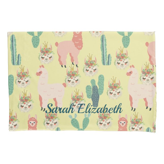 Housse D'oreillers Cute Pink llama's et cactus vert Personnalisé (devant)