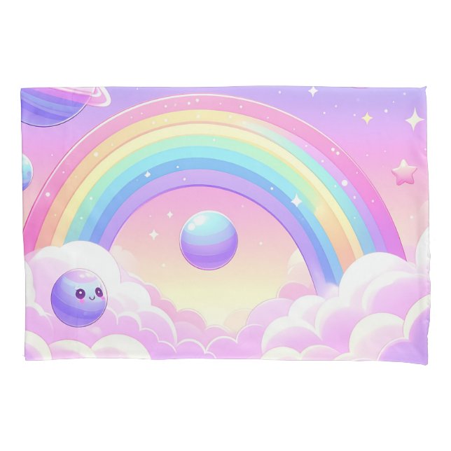 Housse D'oreillers Cute Space Rainbow Design - Kawaii Planets & Stars (devant)