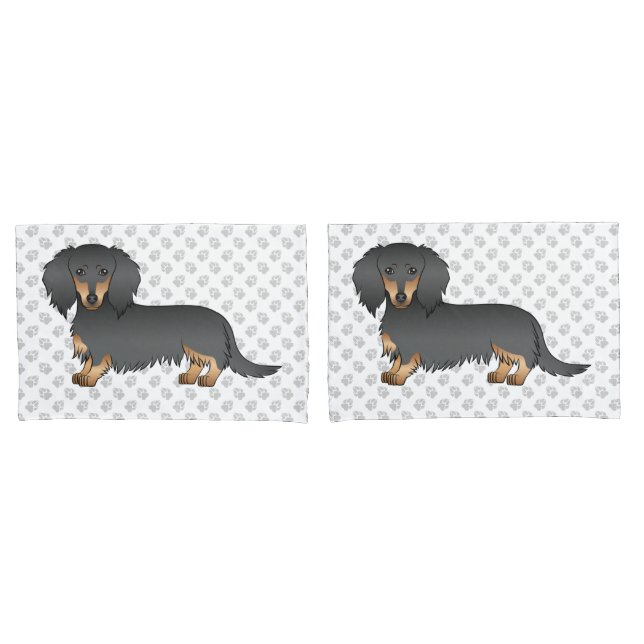 Housse D'oreillers Dachshund à cheveux longs noir et tan caricature C (devant-Set)