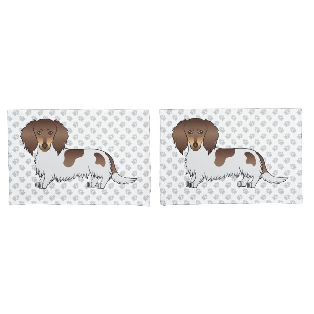 Housse D'oreillers Dachshund à poil long chocolat et tan piebalde & p (devant-Set)