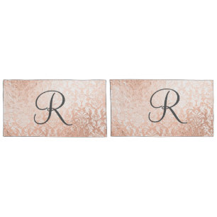 Housse D'oreillers Damassé or rose monogrammé
